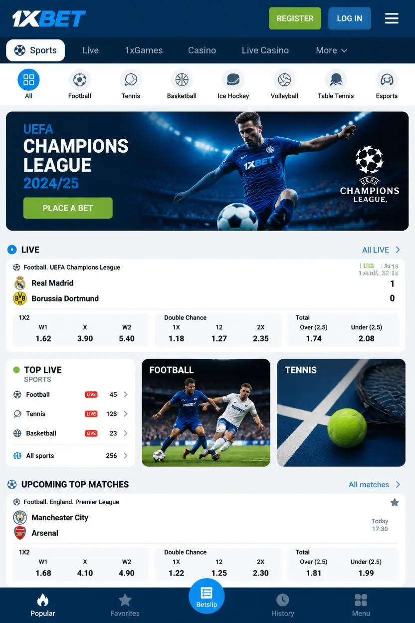 1xBet App Homepage