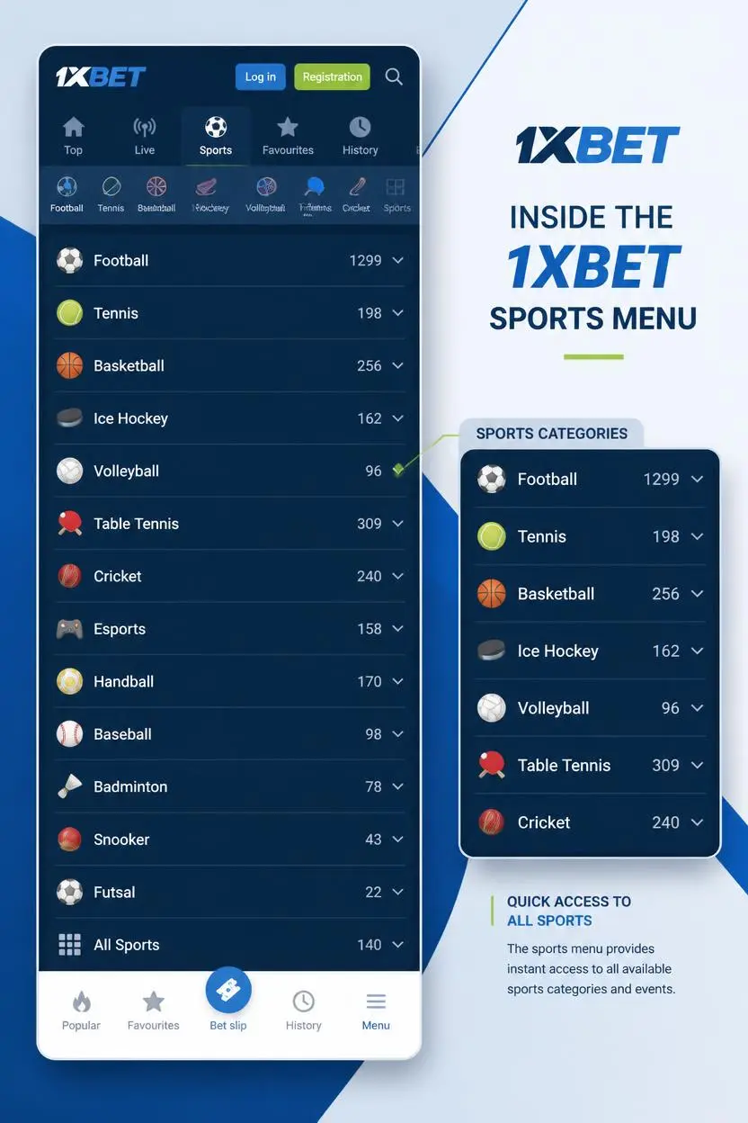 1xBet Sports Menu